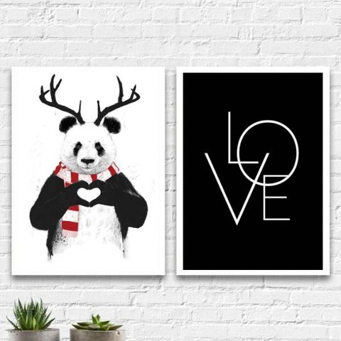 Kit 2 Quadros Decorativos Panda Love 24x18cm:Madeira preta