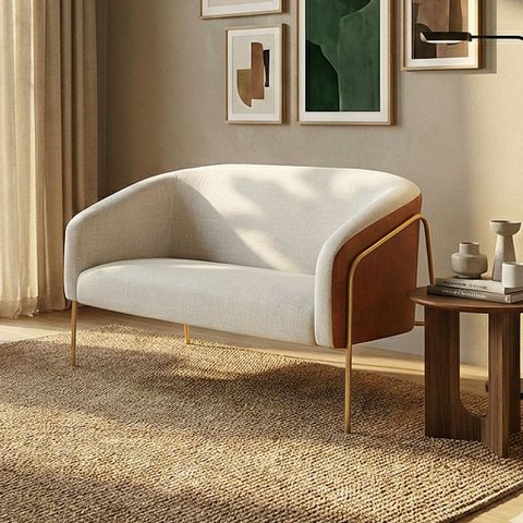 Sofá Namoradeira Stella Industrial Alta Dourada Sintético Pu Nozes Linho D03 - D’Rossi