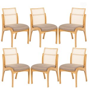 Kit 6 Cadeiras de Madeira para Mesa de Jantar com Encosto Rattan Lisboa Linho Marrom L87 Rmi