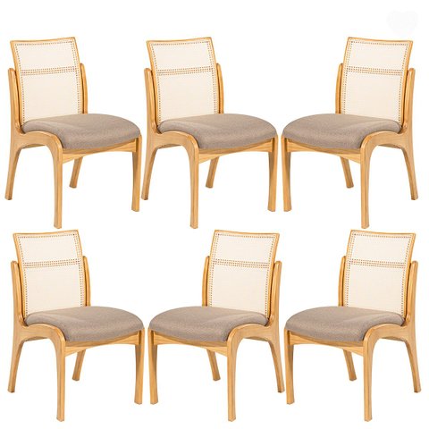 Kit 6 Cadeiras de Madeira para Mesa de Jantar com Encosto Rattan Lisboa Linho Marrom L87 Rmi