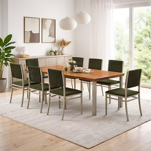 Conjunto Sala de Jantar Mesa 8 Cadeiras Tampo de Madeira Maciça Pinus Athenas Veneza Verde Malha Verde