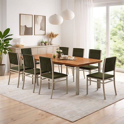 Conjunto Sala de Jantar Mesa 8 Cadeiras Tampo de Madeira Maciça Pinus Athenas Veneza Malha Verde