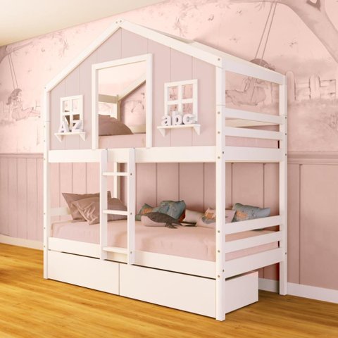 Beliche Casinha Dos Sonhos com 02 Gavetas Madeira Maciça Rosa/ Branco Megamobilia