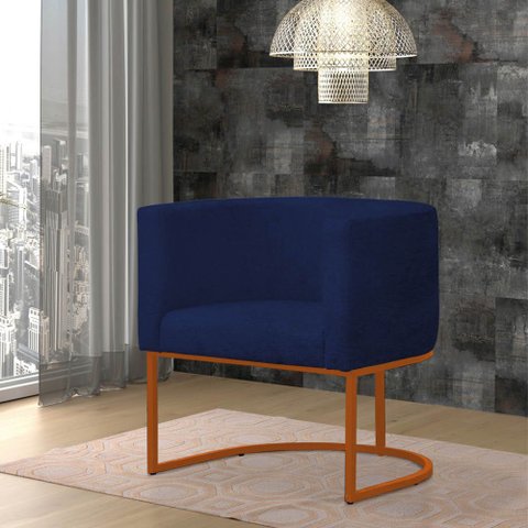 Poltrona Reforçada Decorativa Sala Estar Jantar Gabriela Base Ferro Bronze Suede Azul Marinho