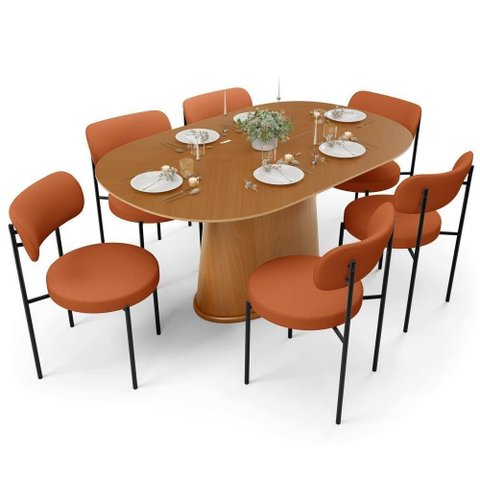 Mesa para Sala de Jantar Valência com 06 Cadeiras Sala de Jantar Louise L02 Tecido Terracota - Lyam