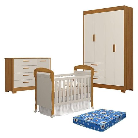 Quarto de Bebê Zaki com Berço Americano Danny Areia Savana Acetinado com Colchão Ortobom - Reller