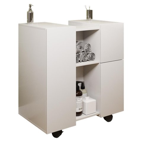 Gabinete Armario Banheiro Pia de Coluna Macau com Rodízios Branco