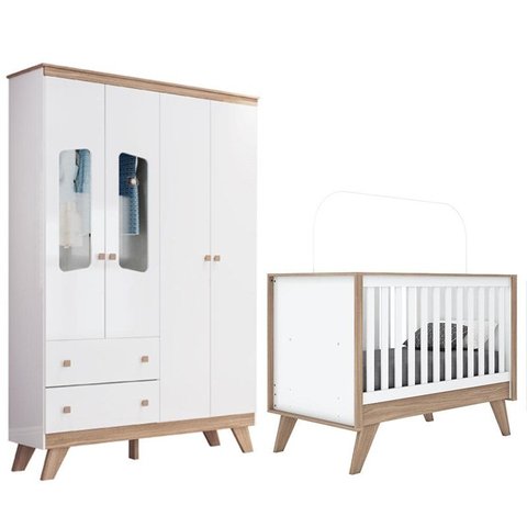 Jogo de Quarto Infantil Confete com Guarda Roupa e Berço Branco/Jequitibá - Móveis Henn