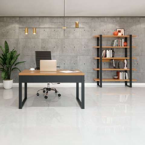 Conjunto para Escritório Mesa com Estante 100% Mdf Freijó Preto Fosco