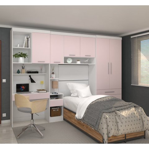 Guarda Roupa Dormitório Modulado Alpes Solteiro Bancada de Estudo - Roupeiro Luciane M05:rosa