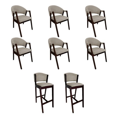 Kit 6 Cadeiras Helen para Sala de Jantar com 2 Banquetas Ana Madeira Maciça Castanho - Bege