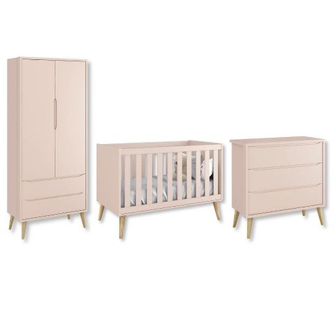 Quarto de Bebê Berço + Cômoda + Guarda Roupa Retrô Rosa Theo Madeira Natural