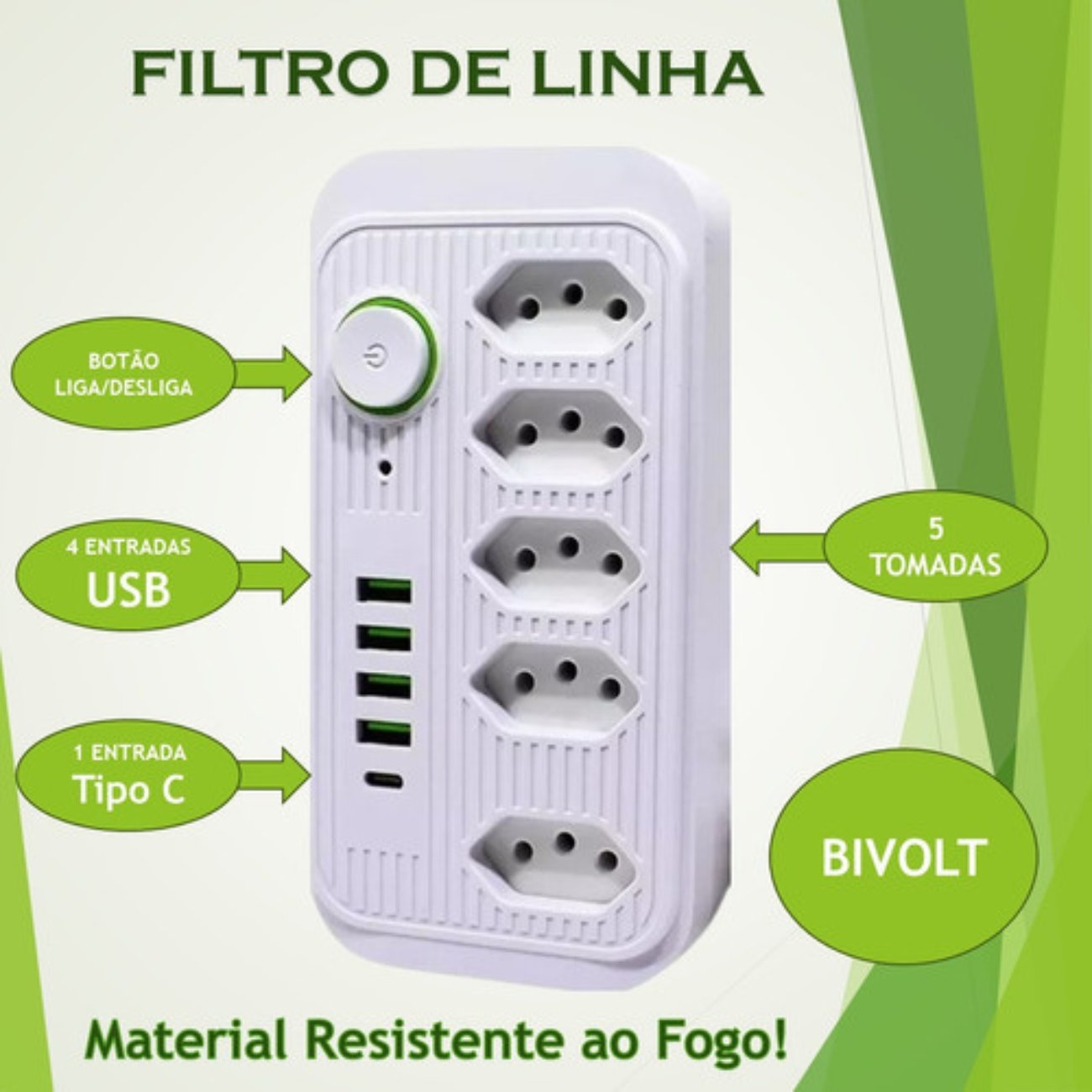 Extensão Tomada Régua de Energia 5 Tomadas 4 USB 1 USB Tipo-C Carregar Celular Cabo 2 metros Bivolt  - 3