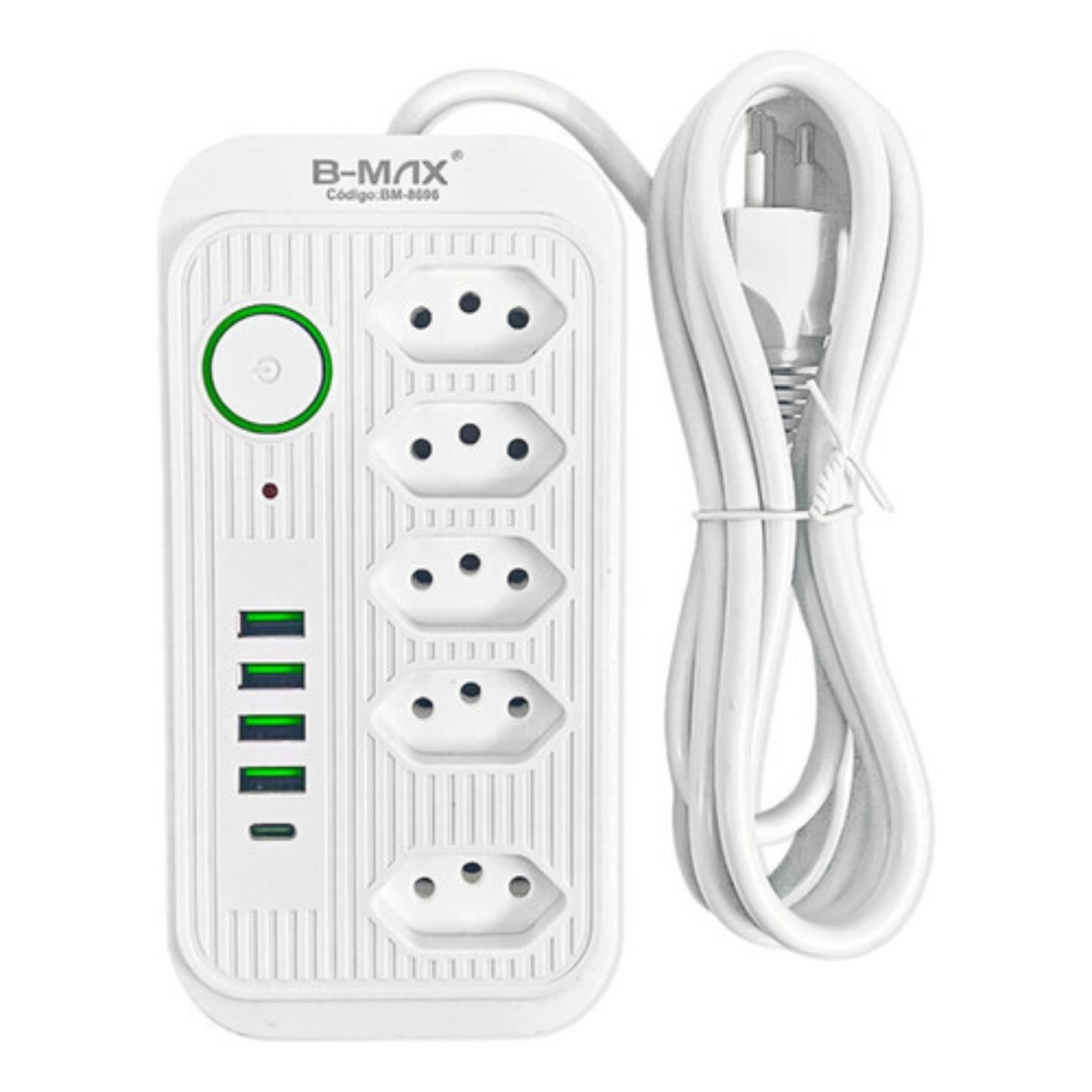 Extensão Tomada Régua de Energia 5 Tomadas 4 USB 1 USB Tipo-C Carregar Celular Cabo 2 metros Bivolt 