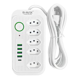 Extensão Tomada Régua de Energia 5 Tomadas 4 Usb 1 Usb Tipo-c Carregar Celular Cabo 2 Metros Bivolt - 1