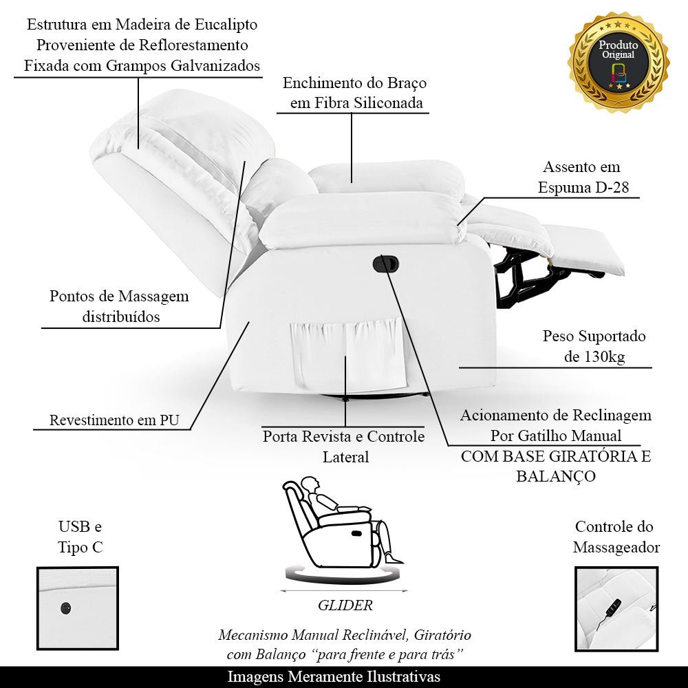 Poltrona do Papai Reclinável Sala de Cinema Madrid Glider Manual Giratória Massagem USB PU Branco G2 - 2