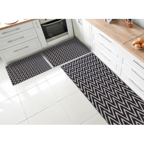 Kit Tapetes e Passadeira De Cozinha 3 Peças Antiderrapante Chevron Zig Zag Geométrico Preto e Cinza