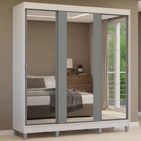 Guarda-Roupa Casal com Pés 3 Portas de Correr de Espelho Reno Madesa