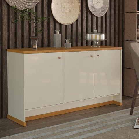 Aparador Buffet 3 Portas Tampo Mdp 25mm Zeus - Via Nossa - Off White e Naturale