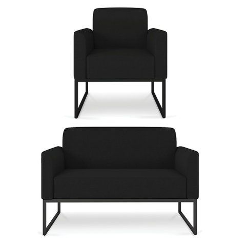 Kit Namoradeira e 1 Poltrona Decorativa Base Industrial Preta Maressa A79 Linho Preto - Ibiza