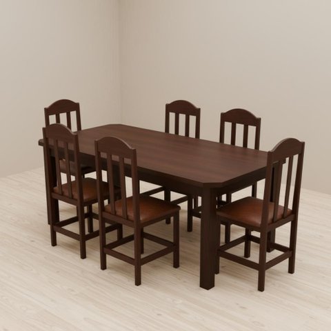 Conjunto Mesa 6 Cadeirsa Estofadas Madeira Maciça Castanho - Castanho C/estofado Marrom