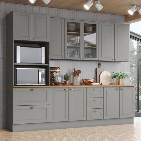 Cozinha Modulada Compacta 5 Peças 100% MDF com Torre Quente e Cristaleira Americana Cinza/Nature