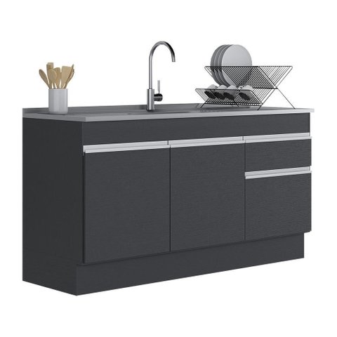 Balcão Cozinha Gabinete Pia 150cm 3 Ptas Preto/branco