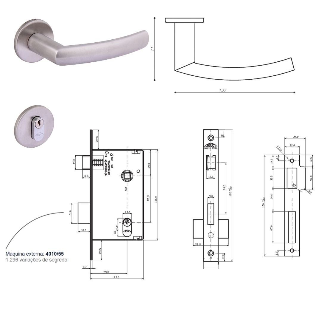 Fechadura Externa Brava 1086593/55 - Inox Escovado Arouca - 2