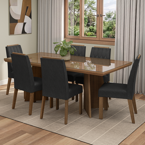 Conjunto Sala de Jantar Tampo de Vidro 6 Cadeiras Rustic/Oxford Pienza Madesa