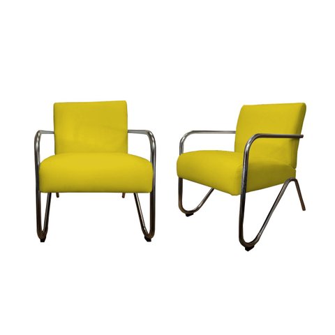 Kit 2 Poltronas Decorativa Bela Couro Amarelo Braço Cromado Ms Decor