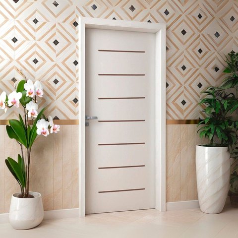 Kit Porta de Madeira 215x77cm Batente 11cm Cristal Primer com Guarnição Uniportas Abertura Esquerda 