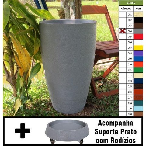 Kit Vaso Planta + Prato Rodízio 65x40 Oval Moderno Polietileno - Cinza Cimento 004