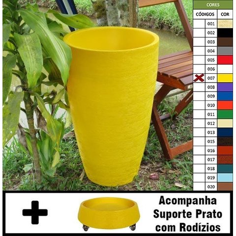 Kit Vaso Planta + Prato Rodízio 65x40 Oval Moderno Polietileno - Amarelo Girassol 007