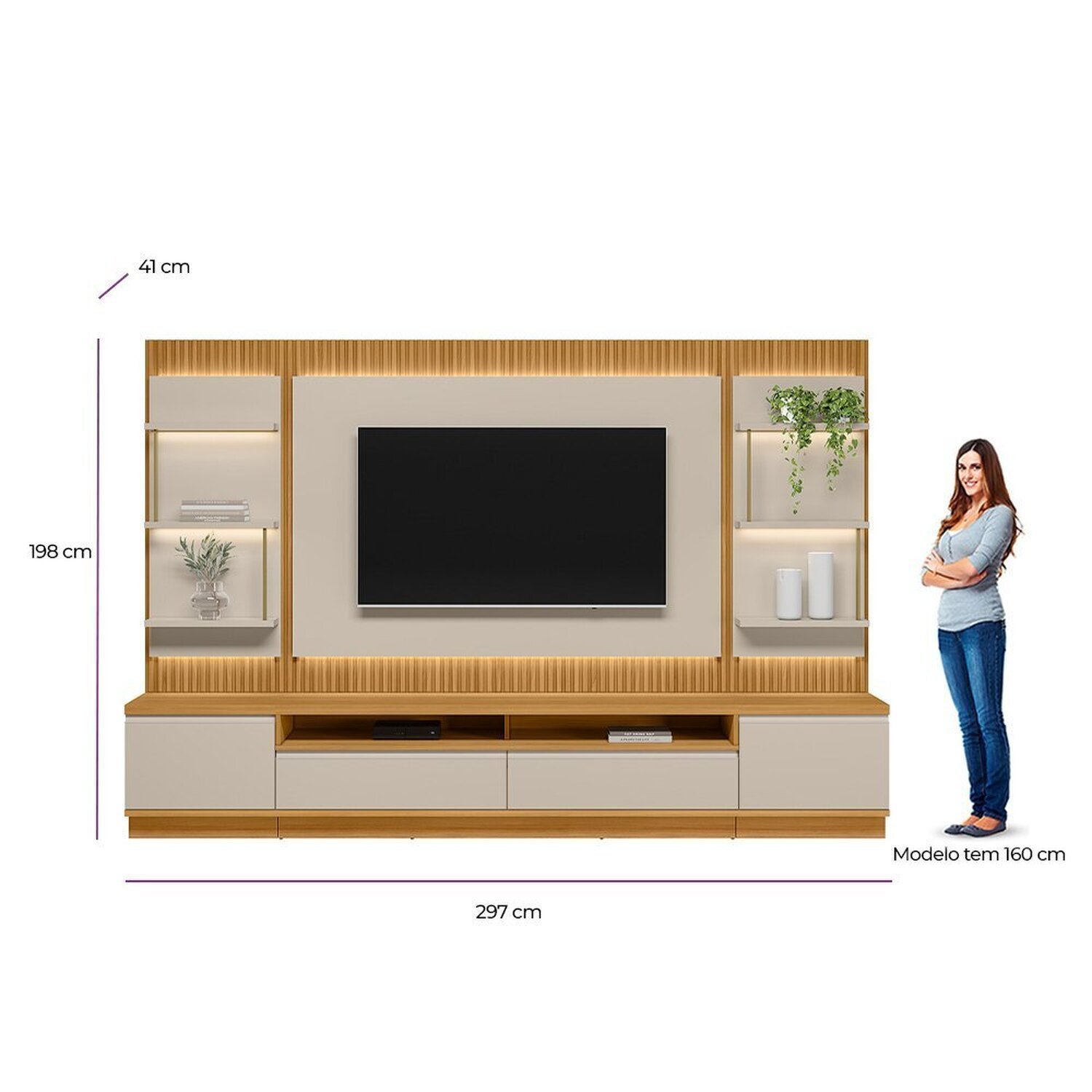 Conjunto Home para Tv até 70'' com Rack, Painel e 2 Módulos Laterais Joinville Tauari/off White Fosc - 6