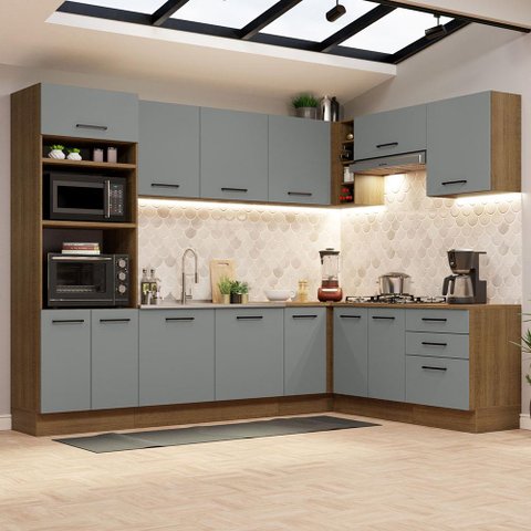 Armário de Cozinha Completa de Canto 479cm Rustic Cinza Agata Madesa 01