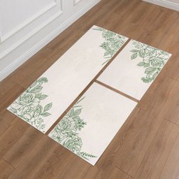 Jogo Tapete Natural Algodão Antiderrapante 3 Peças Flores Verde FASTLAR Jogo de Tapetes - 3