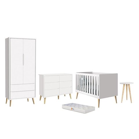 Dormitório Infantil Theo 2 Portas, Cômoda 6 Gavetas, Berço, Mesa de Canto Branco Fosco com Pés Madei