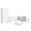 Ver imagem 1 de Dormitório Infantil Theo 2 Portas, Cômoda 6 Gavetas, Berço, Mesa de Canto Branco Fosco com Pés Madei