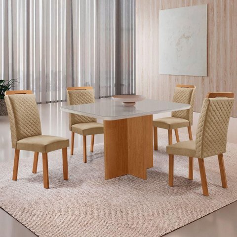 Mesa Jantar Olimpia 4 Lugares MDF Vidro Cadeiras Lorena Off White Moderna