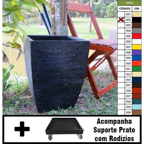 Kit Vaso Planta + Prato Rodízio 45x35 Moderno Trapézio Polietileno - Preto 002