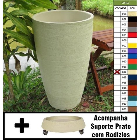 Kit Vaso Planta + Prato Rodízio 65x40 Oval Moderno Polietileno - Bege Castanha 012