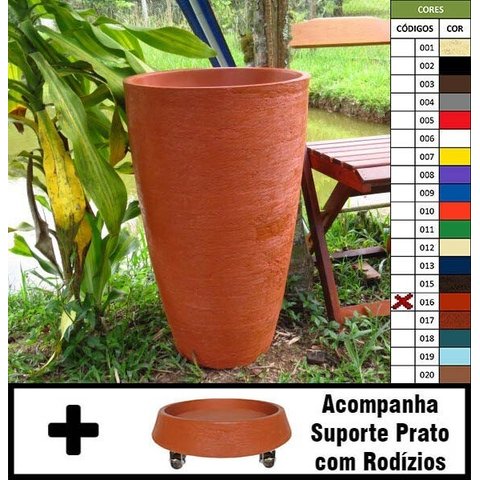 Kit Vaso Planta + Prato Rodízio 65x40 Oval Moderno Polietileno - Terracota 016