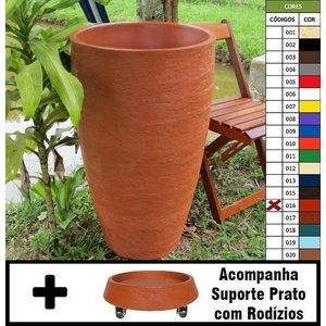 Kit Vaso Planta + Prato Rodízio 80x50 Oval Moderno Polietileno - Terracota 016