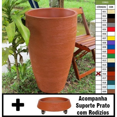 Kit Vaso Planta + Prato Rodízio 80x50 Oval Moderno Polietileno - Terracota 016