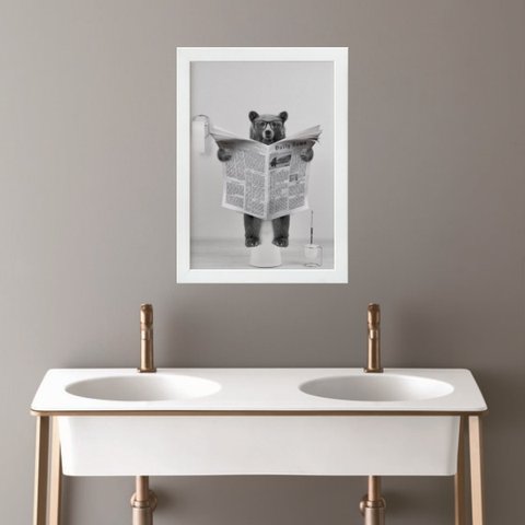 Quadro Banheiro Coleção Animais - Urso 45x34cm - com Vidro:madeira Branca