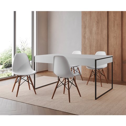 Mesa Jantar Industrial Retangular Filadélfia Branca 137x90cm Base Ferro Preto com 4 Cadeiras Brancas