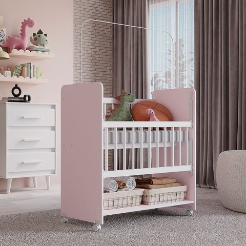 Mini Berço Móvel Outside Grade Móvel com Rodízios Giratórios: Branco Rosa