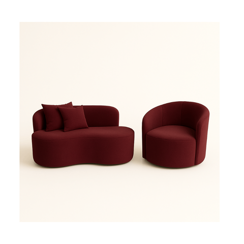 Conjunto 01 Poltrona + Sofá Curvo Orgânico Nature Gaia Suede Bordô - Montanaris Decor