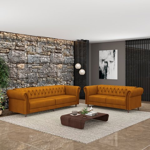 Conjunto de Sofá Sala de Estar Stanford Chesterfield 2 e 3 Lugares 180cm/240cm Pés Madeira Couro Mel