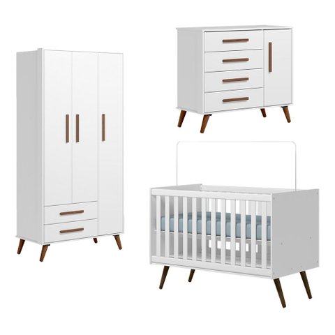 Conjunto Quarto de Bebê Completo Cômoda Berço com Colchão e Roupeiro Qencanto Retrô Branco Qmovi
